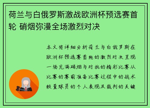 荷兰与白俄罗斯激战欧洲杯预选赛首轮 硝烟弥漫全场激烈对决