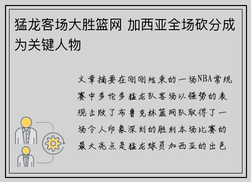 猛龙客场大胜篮网 加西亚全场砍分成为关键人物