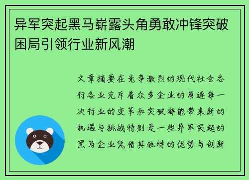 异军突起黑马崭露头角勇敢冲锋突破困局引领行业新风潮