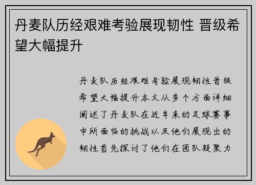 丹麦队历经艰难考验展现韧性 晋级希望大幅提升
