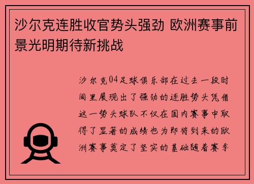 沙尔克连胜收官势头强劲 欧洲赛事前景光明期待新挑战