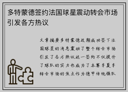 多特蒙德签约法国球星震动转会市场引发各方热议