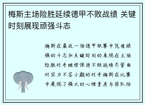 梅斯主场险胜延续德甲不败战绩 关键时刻展现顽强斗志