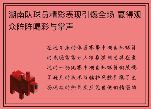 湖南队球员精彩表现引爆全场 赢得观众阵阵喝彩与掌声