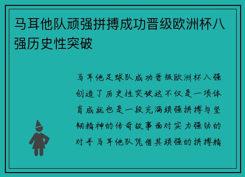 马耳他队顽强拼搏成功晋级欧洲杯八强历史性突破